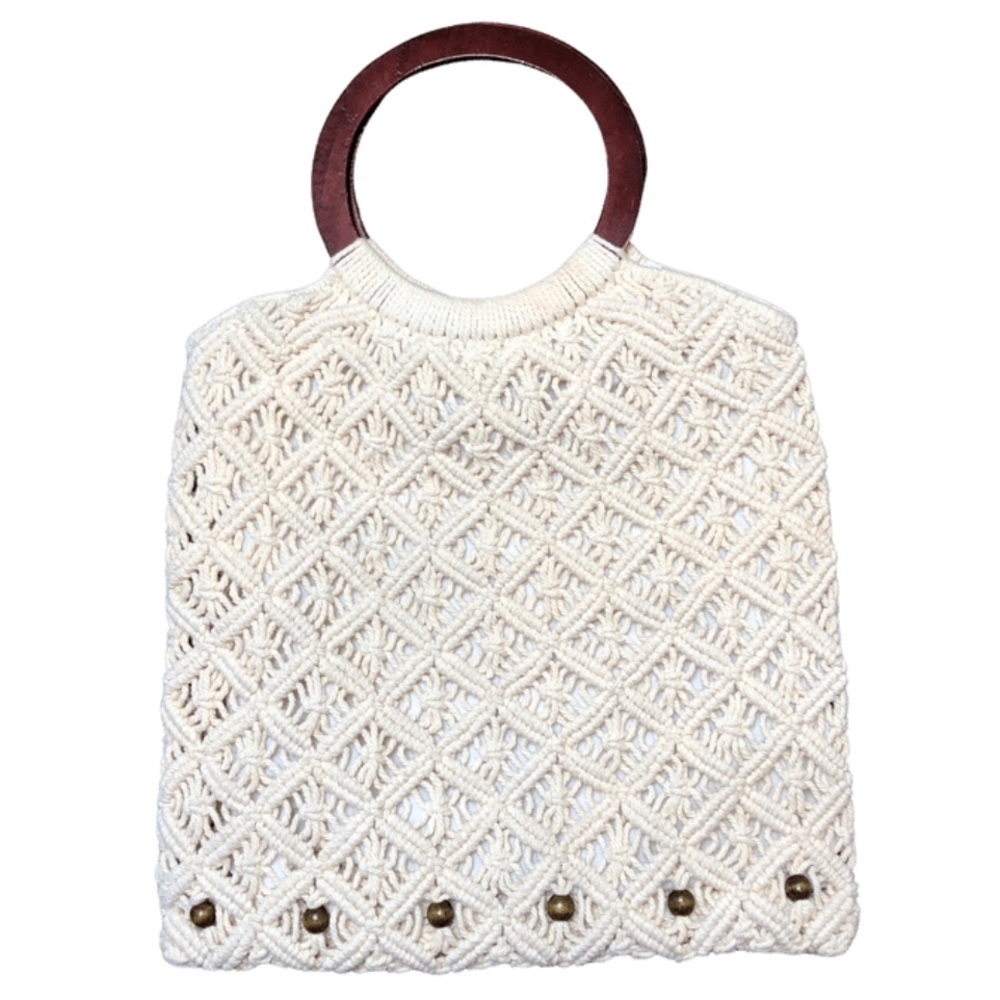 Bohemian Macrame Tote Bag Wooden Ring Handles Cream Knitted Shoulder Bag - Picture 3 of 13